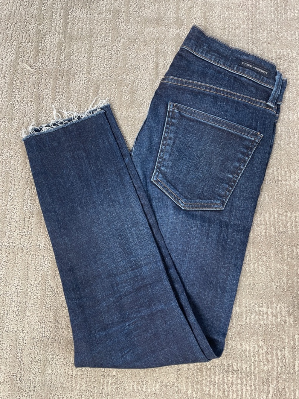 Citizens Of Humanity Dark Blue Straight Leg Jeans with Frayed Hem